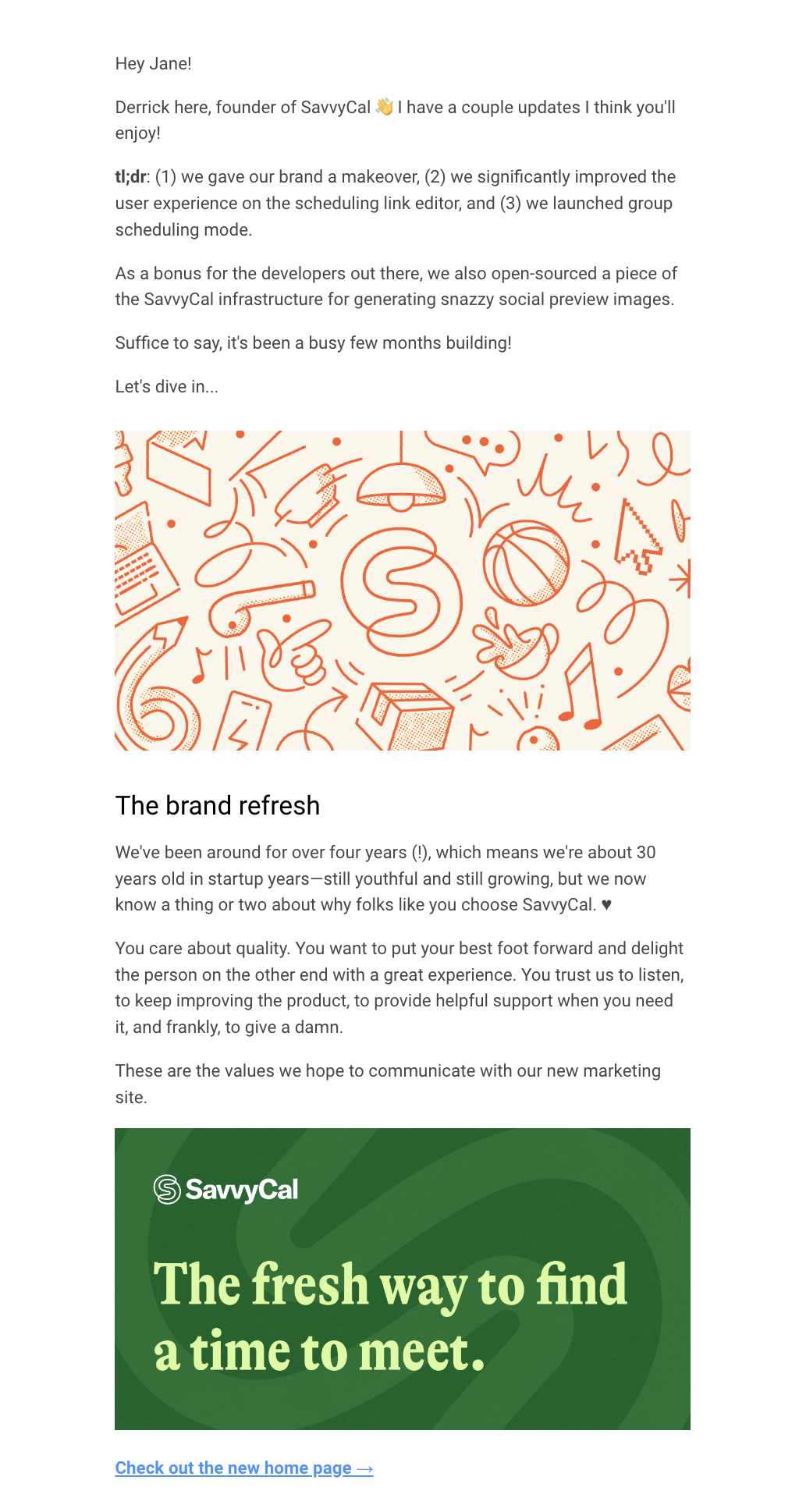 SaaS Rebranding Announcement Emails: Screenshot of Savvycal's newsletter announcing their rebrand