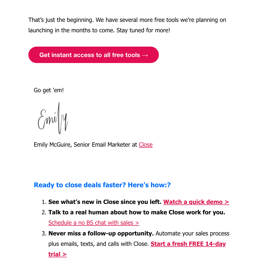 SaaS Re-engagement Emails: Screenshot of Close's email