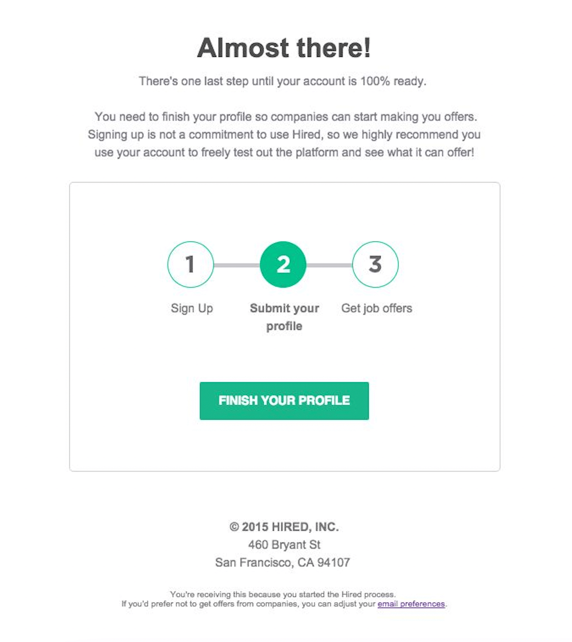 SaaS Re-engagement Emails: Screenshot of Hired's email