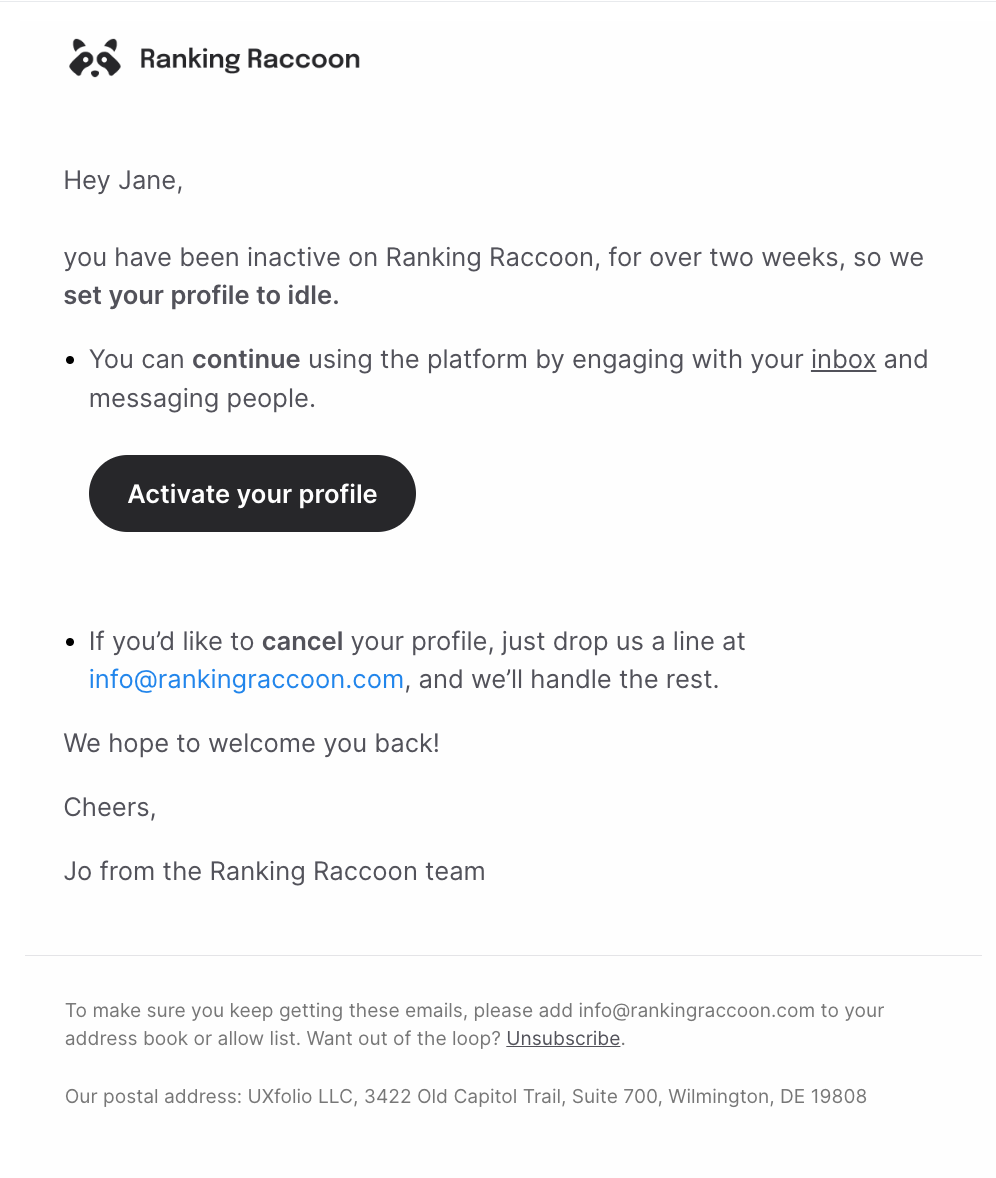 SaaS Re-engagement Emails: Screenshot of Ranking Raccoon's email
