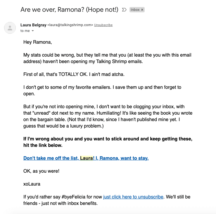 SaaS Re-engagement Emails: Screenshot of Talking Shrimp's email