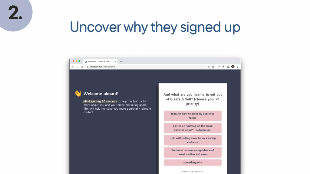 Replicating Sales with Email Automation: Screenshot of a survey asking leads why they opted-in the email course