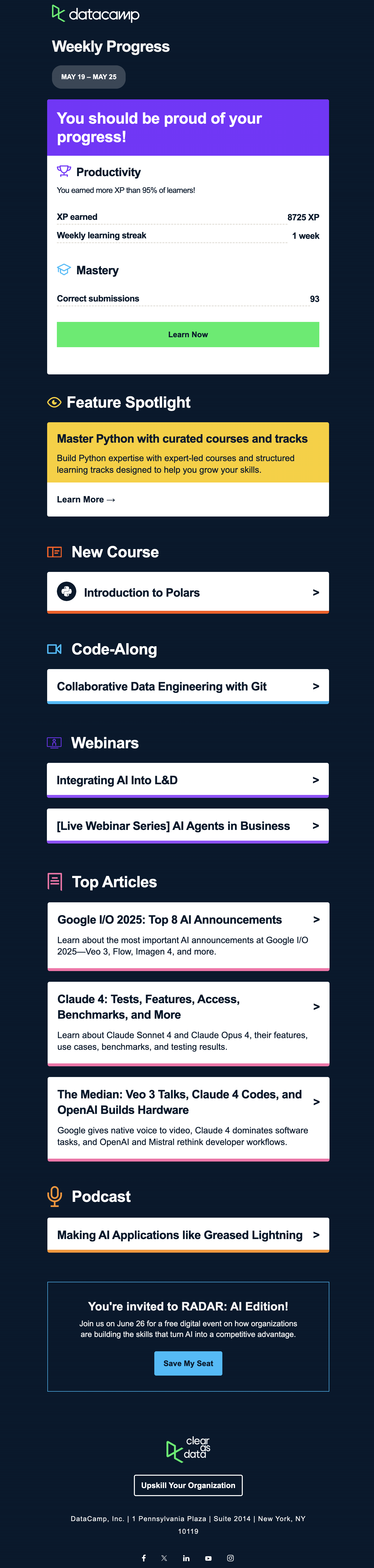 SaaS Report Emails: Screenshot of DataCamp's report email