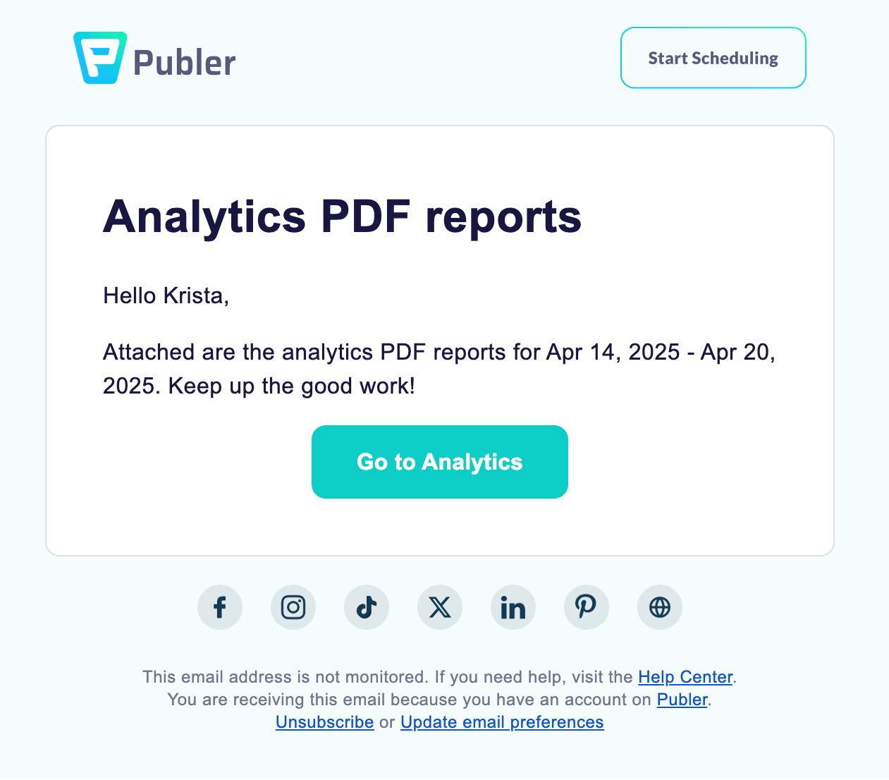 SaaS Report Emails: Screenshot of Publer's report email
