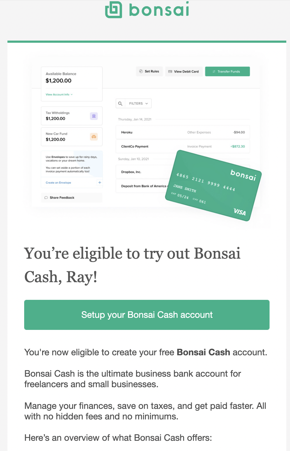 SaaS Email Nurture Campaigns: Bonsai's first nurture email