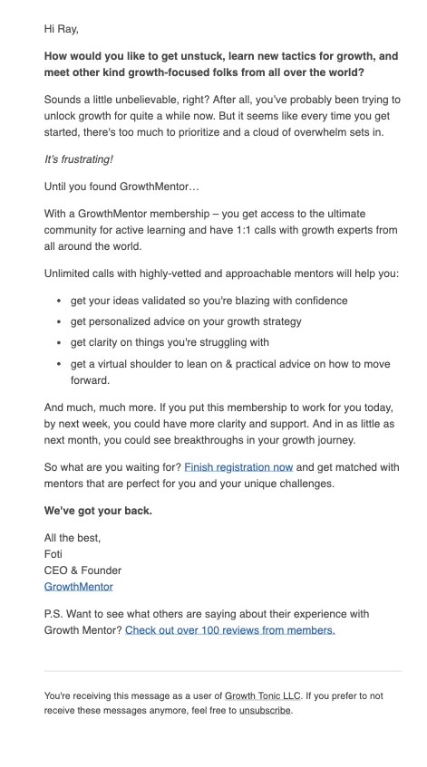 SaaS Email Nurture Campaigns: GrowthMentor's second nurture email