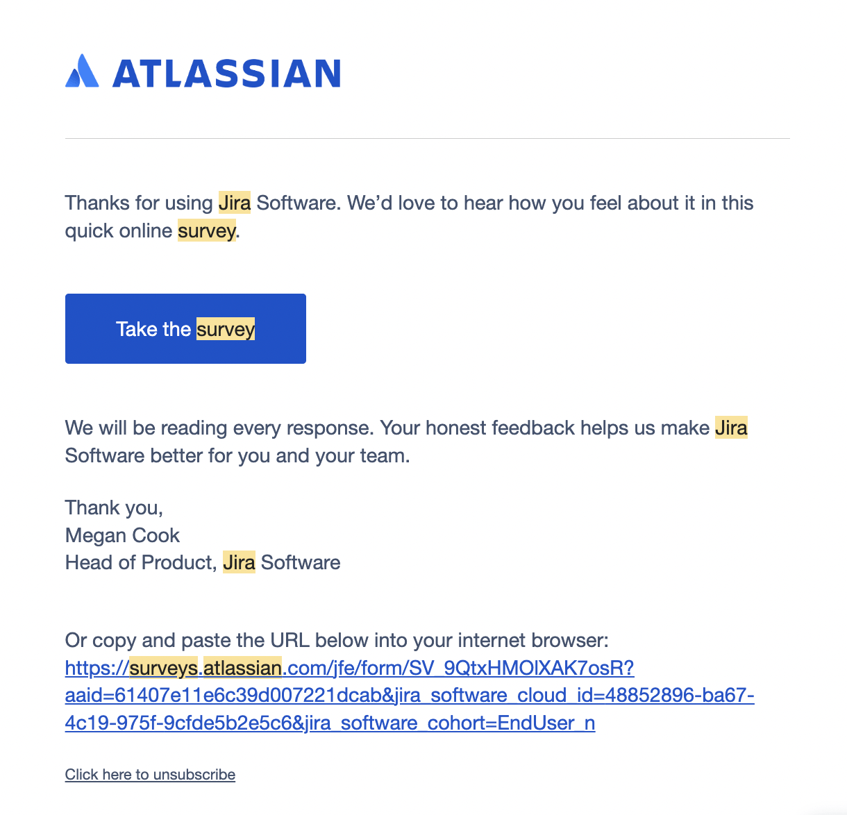 Feedback Email Examples: Screenshot of Atlassian's email asking for customer feedback