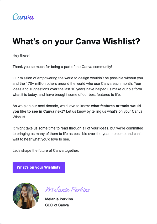 Feedback Email Examples: Screenshot of Canva's email asking for feature requests
