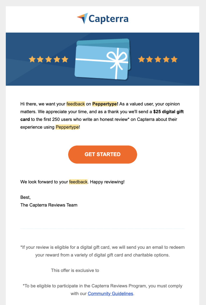 Feedback Email Examples: Screenshot of Peppertype's email asking for customer feedback