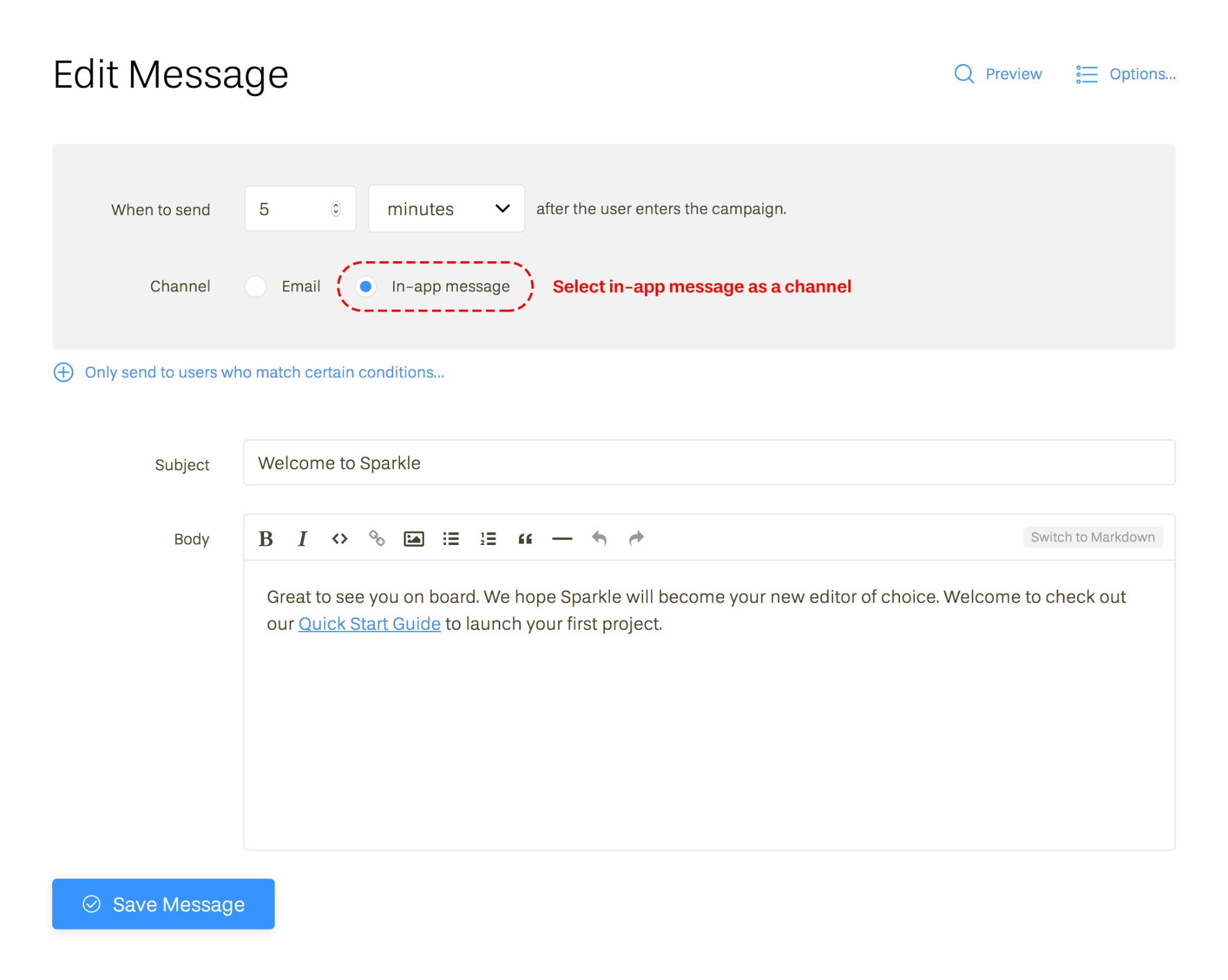 In-app Messages: Choosing in-app messages as a channel on Userlist