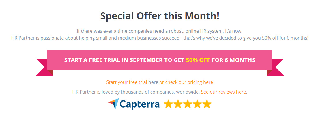 SaaS Landing Page Tips with Josh Garofalo: Screenshot of HR Partner's special offer