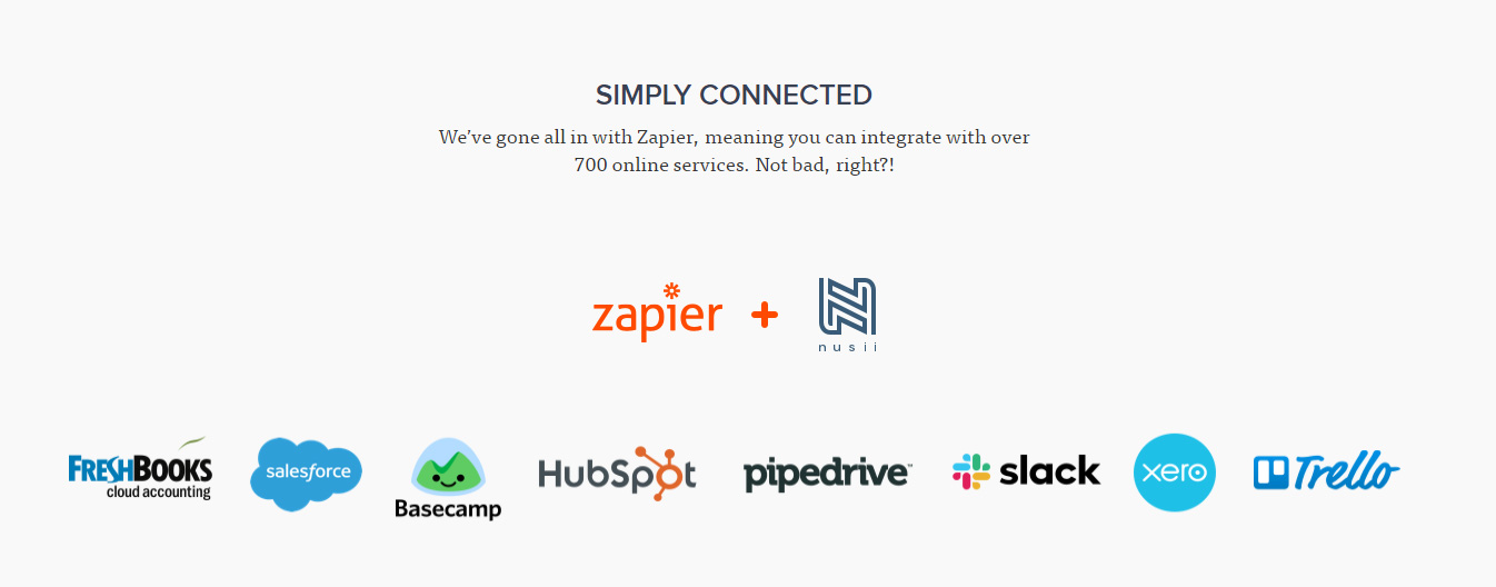 SaaS Landing Page Tips with Josh Garofalo: Screenshot of Nusii's Zapier integrations