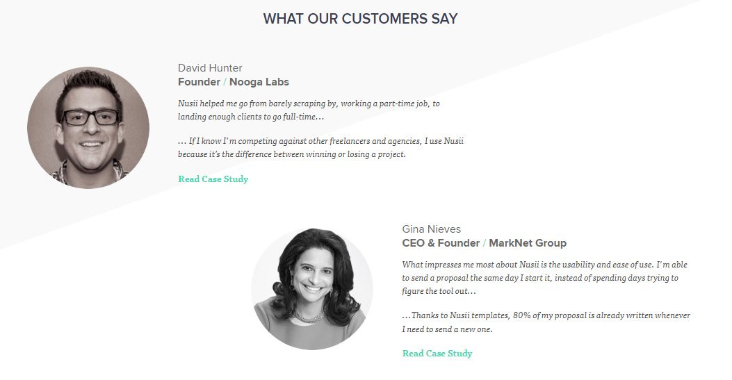 SaaS Landing Page Tips with Josh Garofalo: Screenshot of Nusii's testimonials