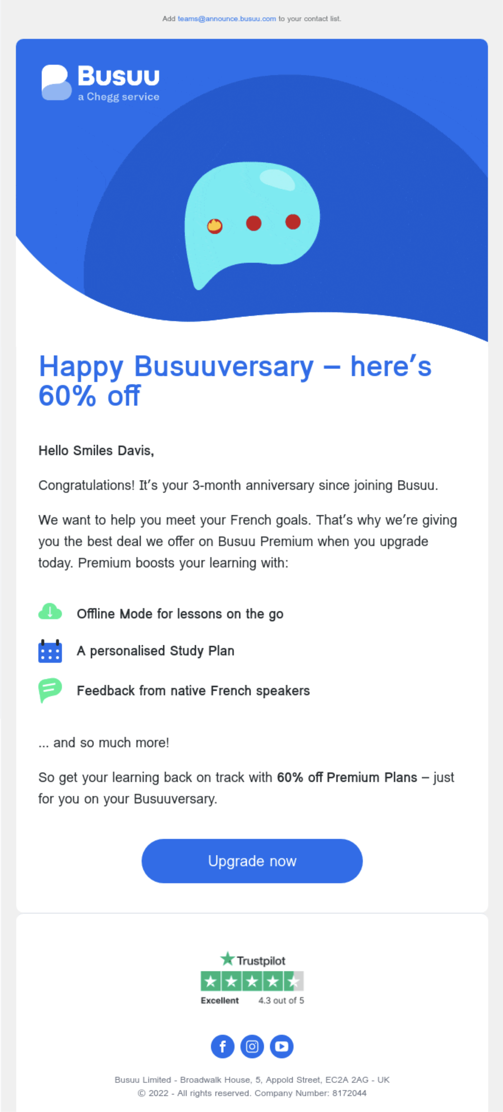 SaaS Milestone Emails: Screenshot of Busuu's anniversary email