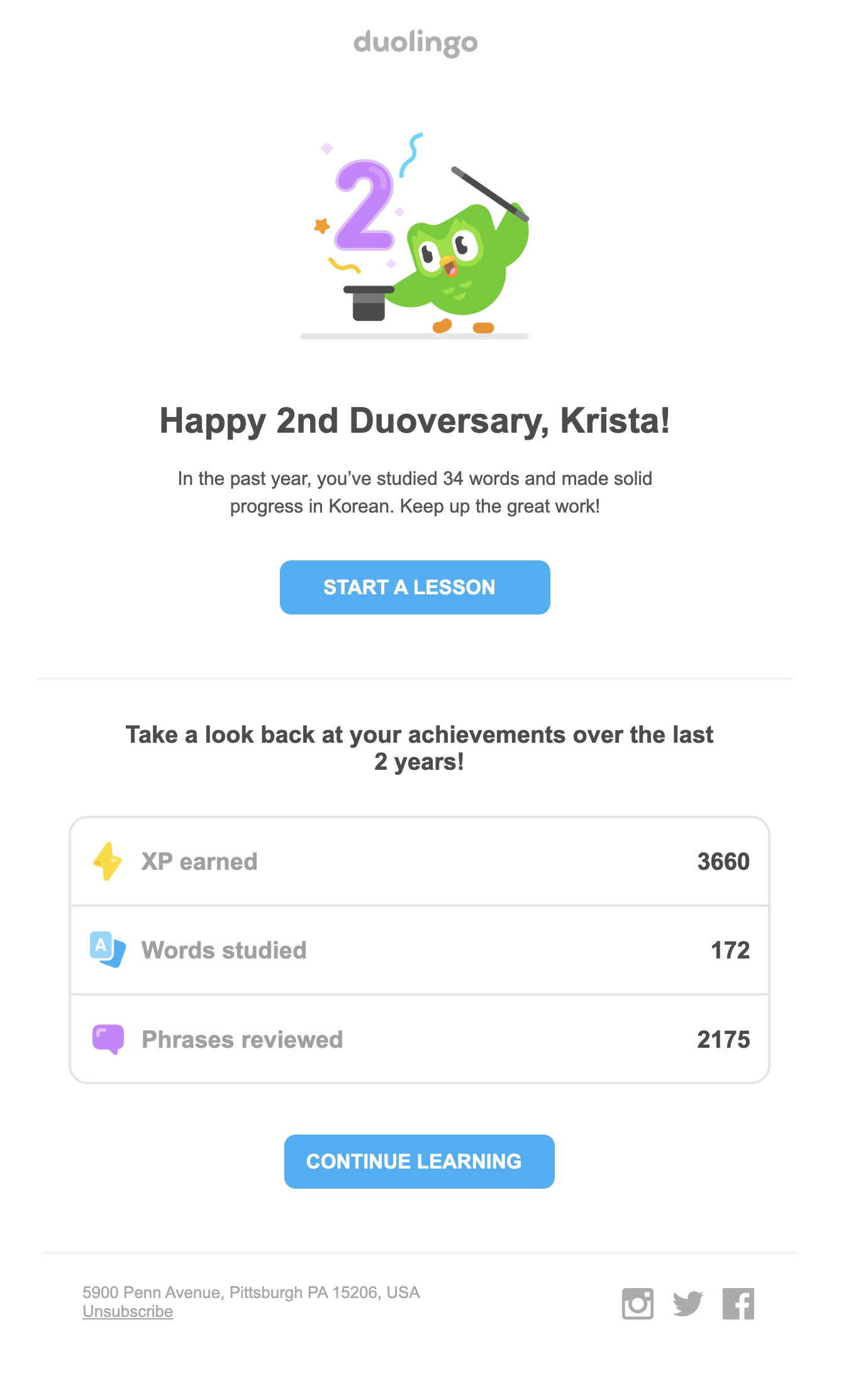 SaaS Milestone Emails: Screenshot of Duolingo's anniversary email