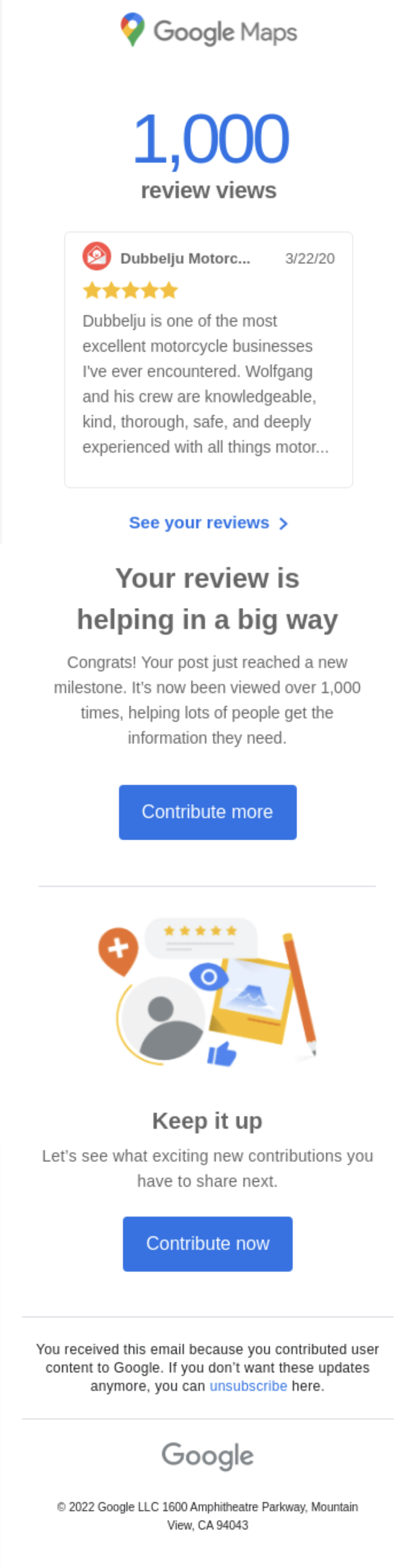 SaaS Milestone Emails: Screenshot of Google Map's activity milestone email