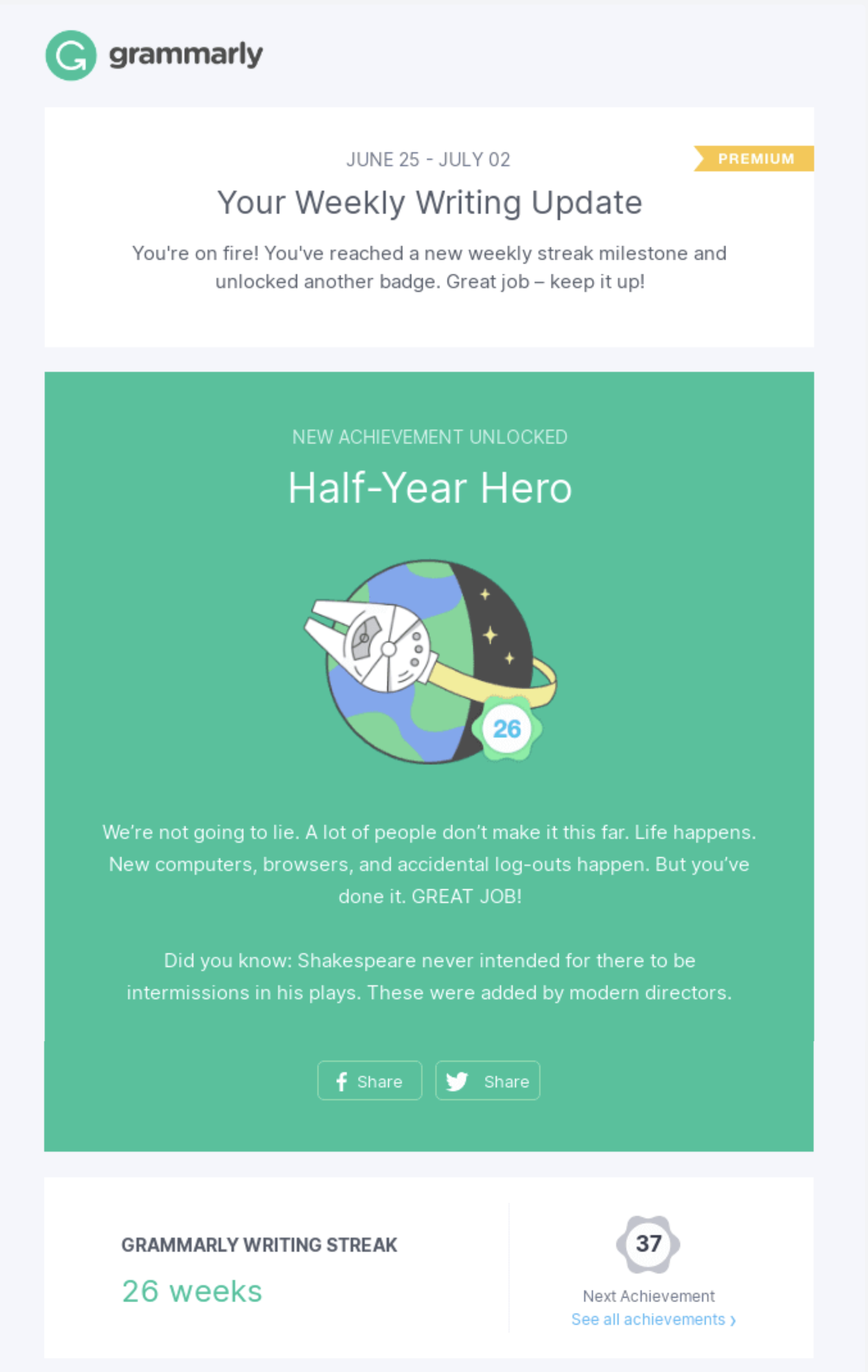 SaaS Milestone Emails: Screenshot of Grammarly's weekly progress update email with an anniversary badge