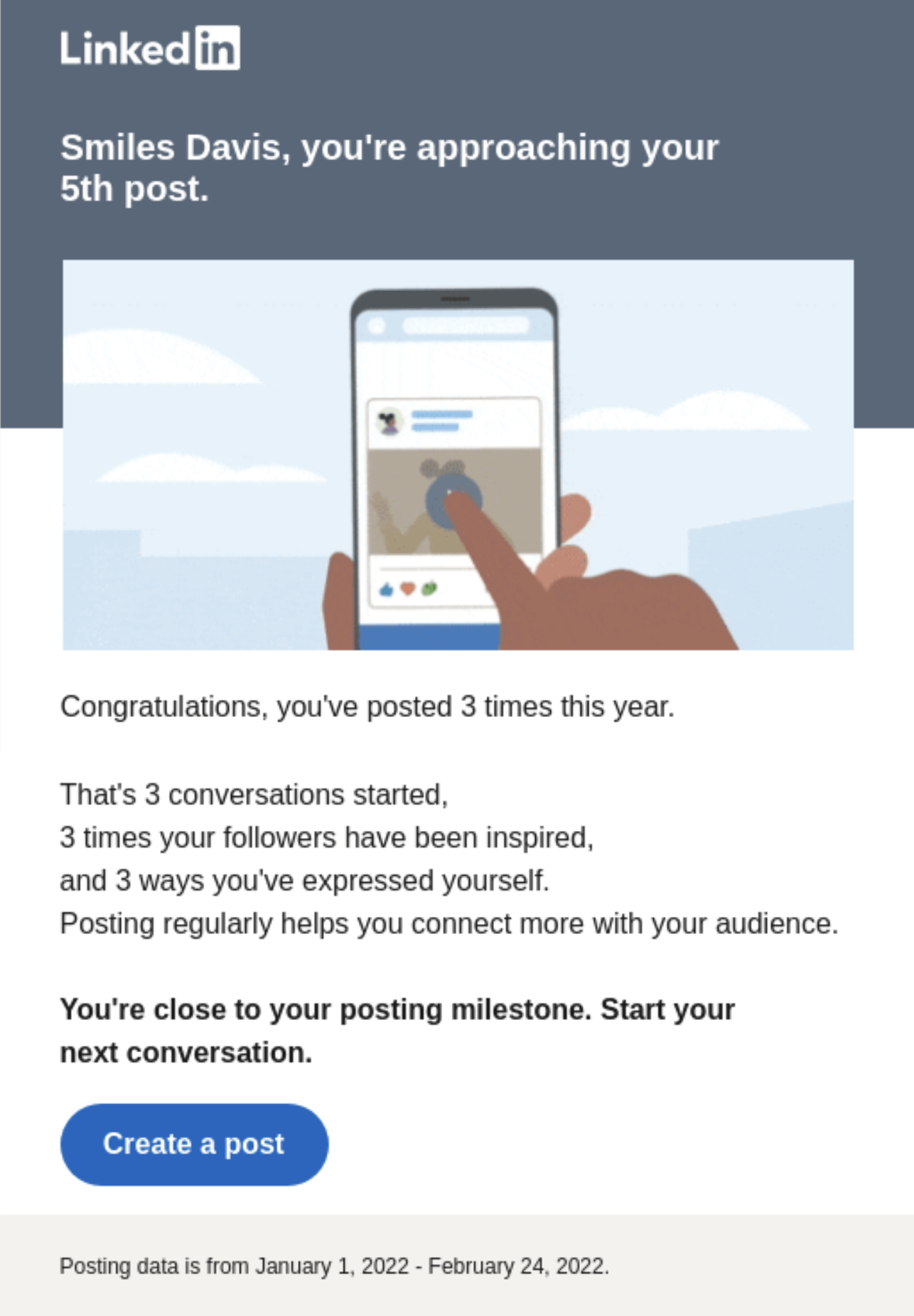 SaaS Milestone Emails: Screenshot of LinkedIn's activity milestone email