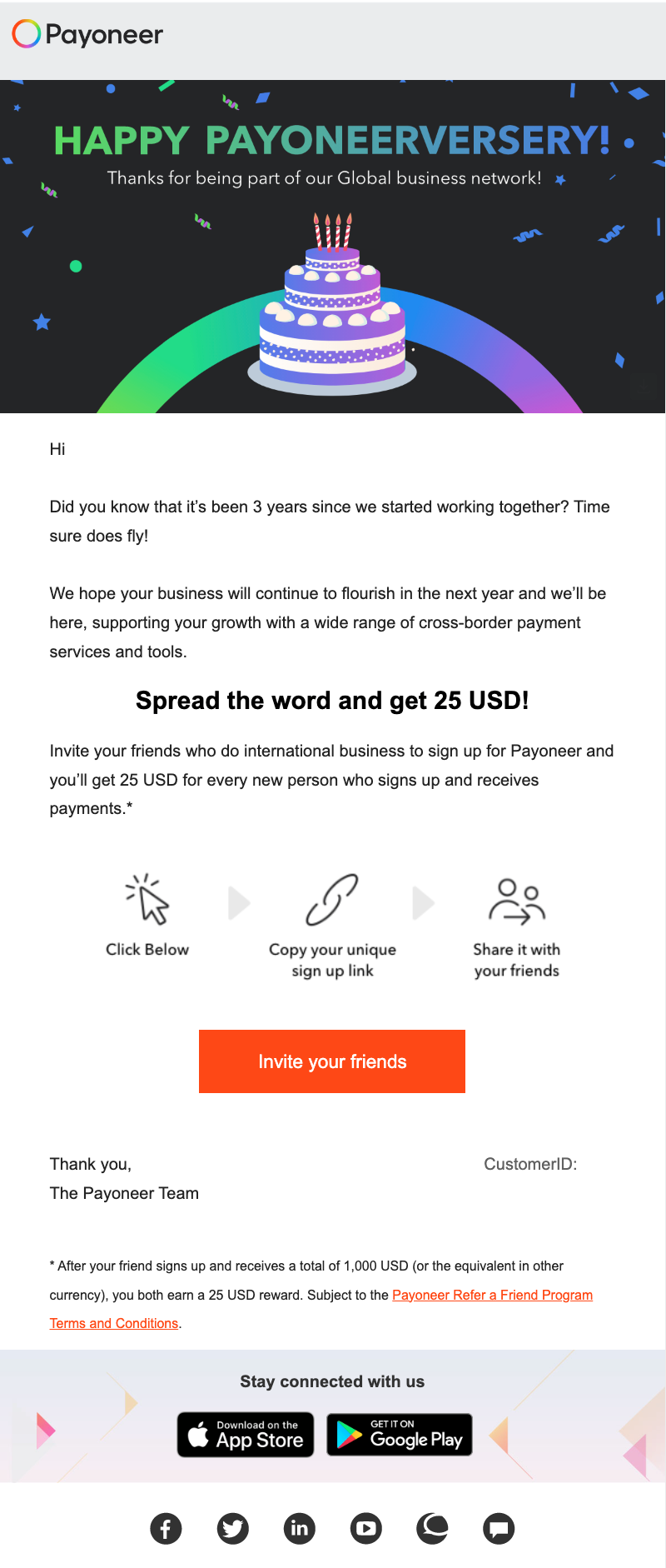 SaaS Milestone Emails: Screenshot of Payoneer's anniversary email