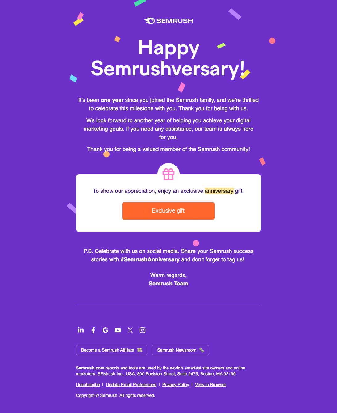 SaaS Milestone Emails: Screenshot of Semrush's anniversary email