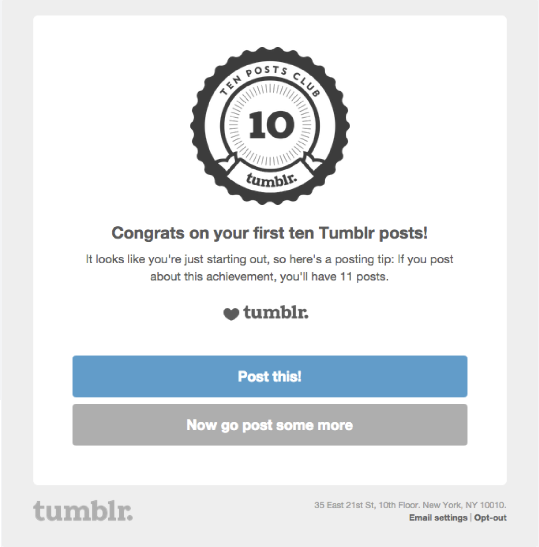 SaaS Milestone Emails: Screenshot of Tumblr's activity milestone email