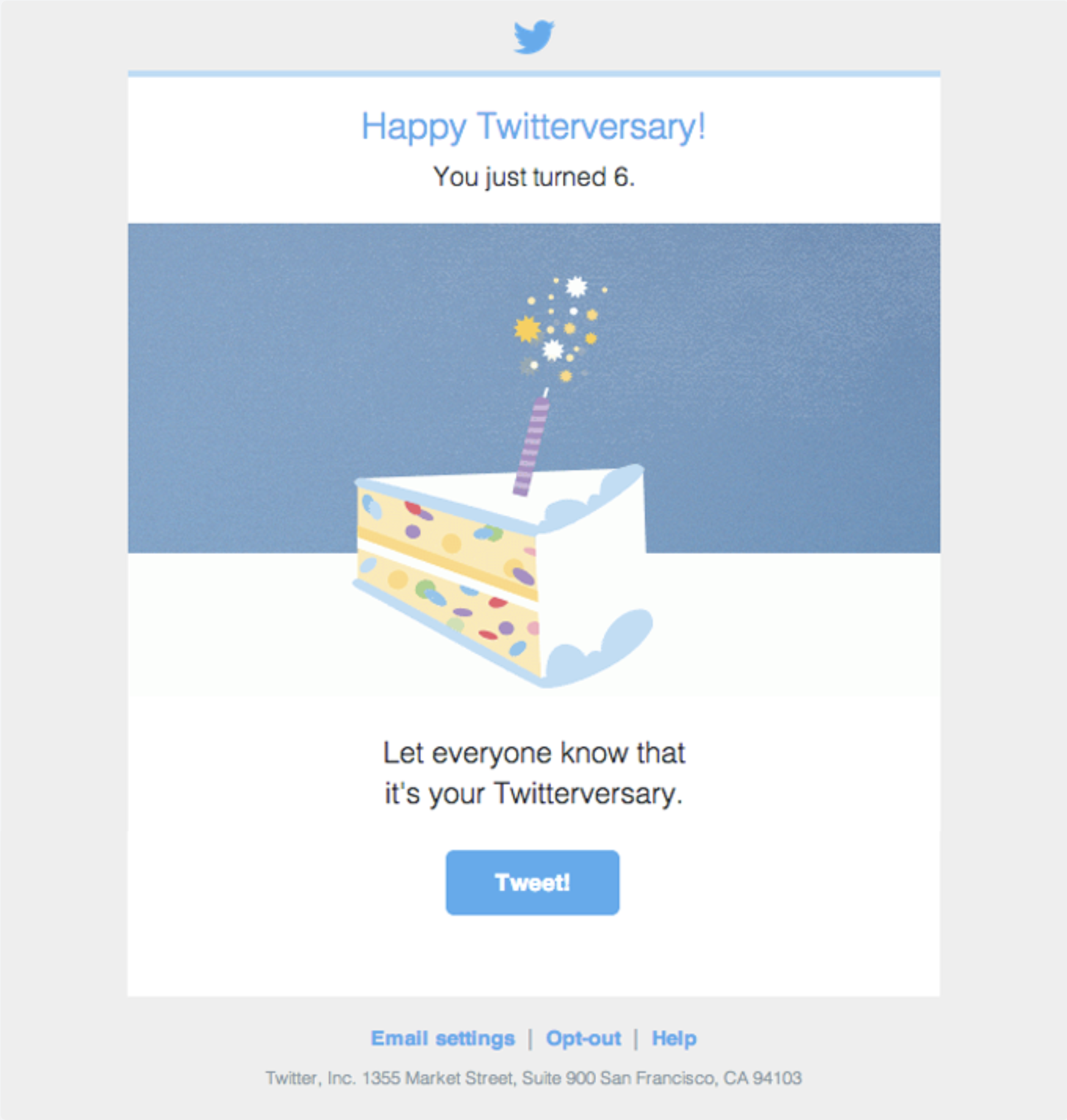 SaaS Milestone Emails: Screenshot of Twitter's anniversary email