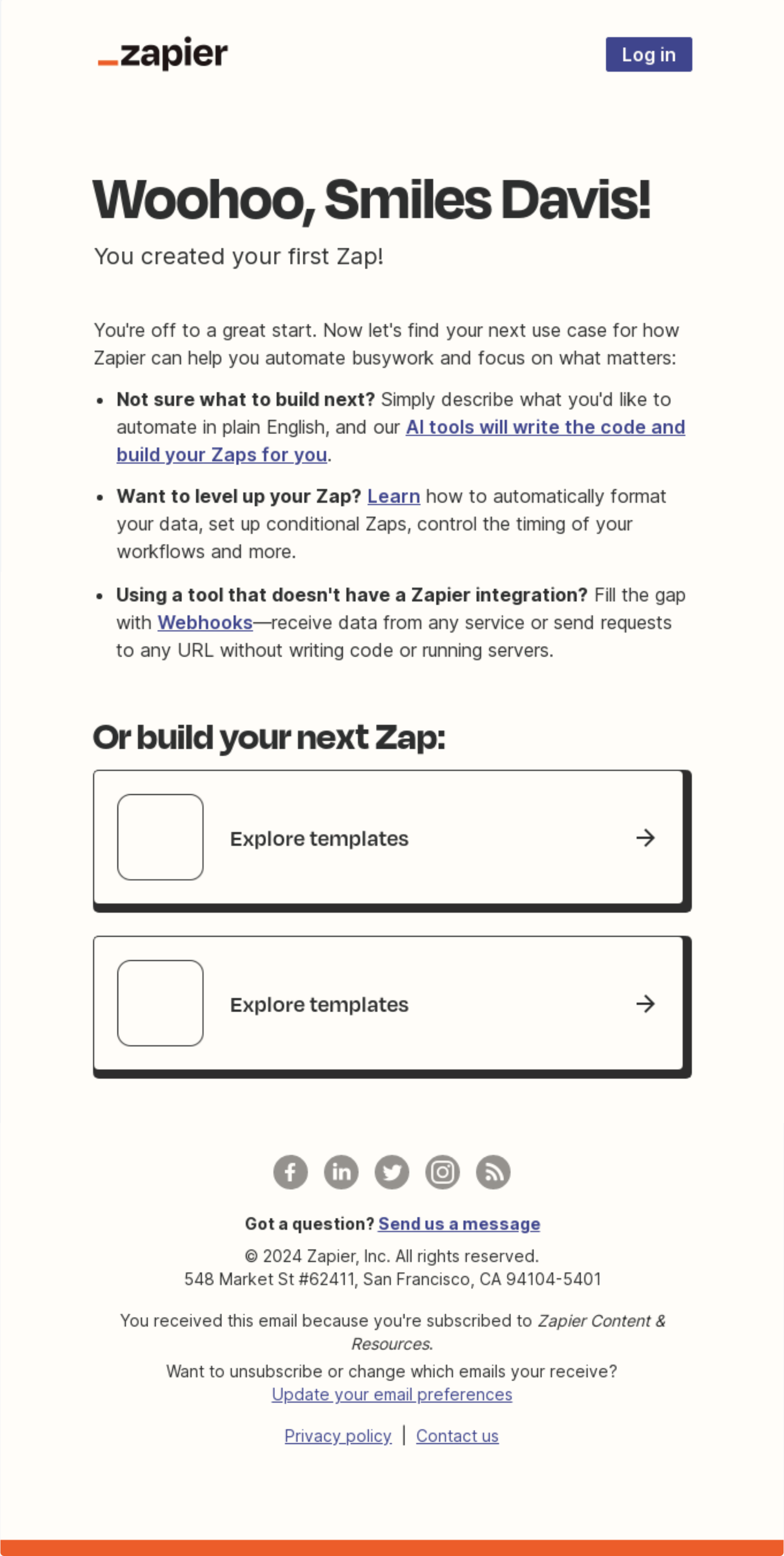 SaaS Milestone Emails: Screenshot of Zapier's milestone email