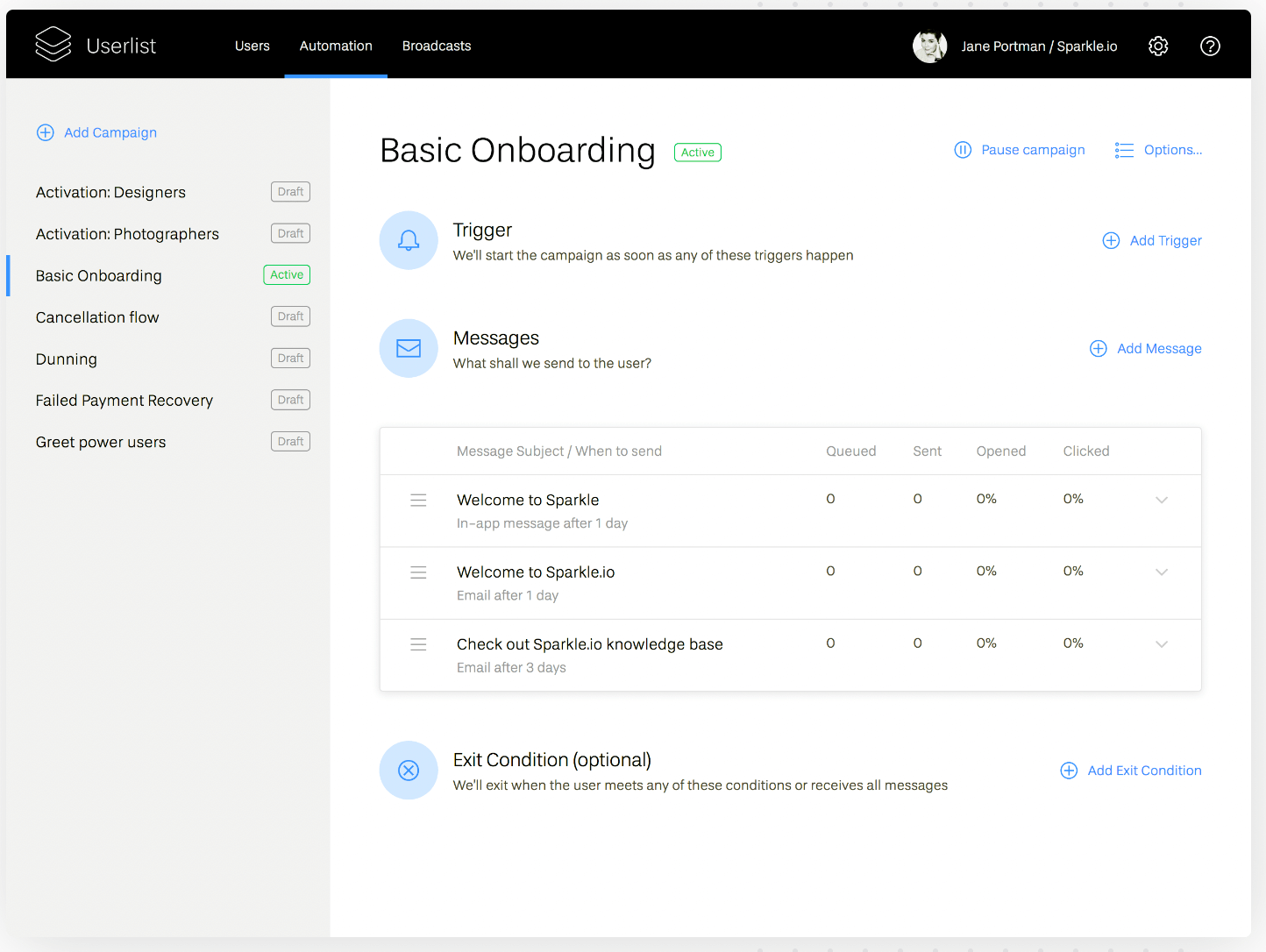 SaaS Onboarding Metrics: Campaign dashboard at Userlist