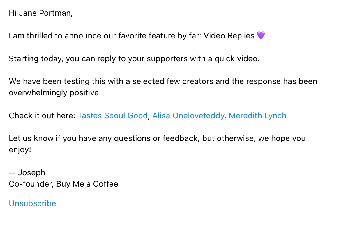 SaaS Plain Text Emails: Screenshot of Buy Me a Coffee's plain text email