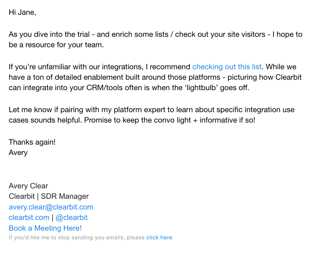 SaaS Plain Text Emails: Screenshot of Clearbit's plain text email