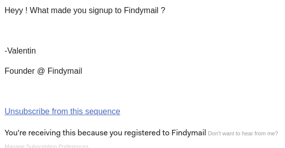 SaaS Plain Text Emails: Screenshot of Findymail's plain text email