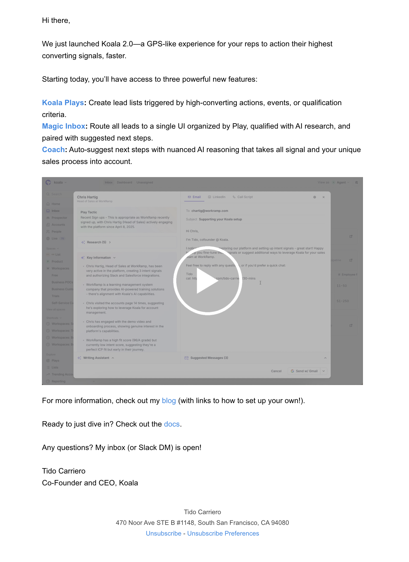 Creative SaaS Emails: Screenshot of Koala's creative email for their new feature announcement