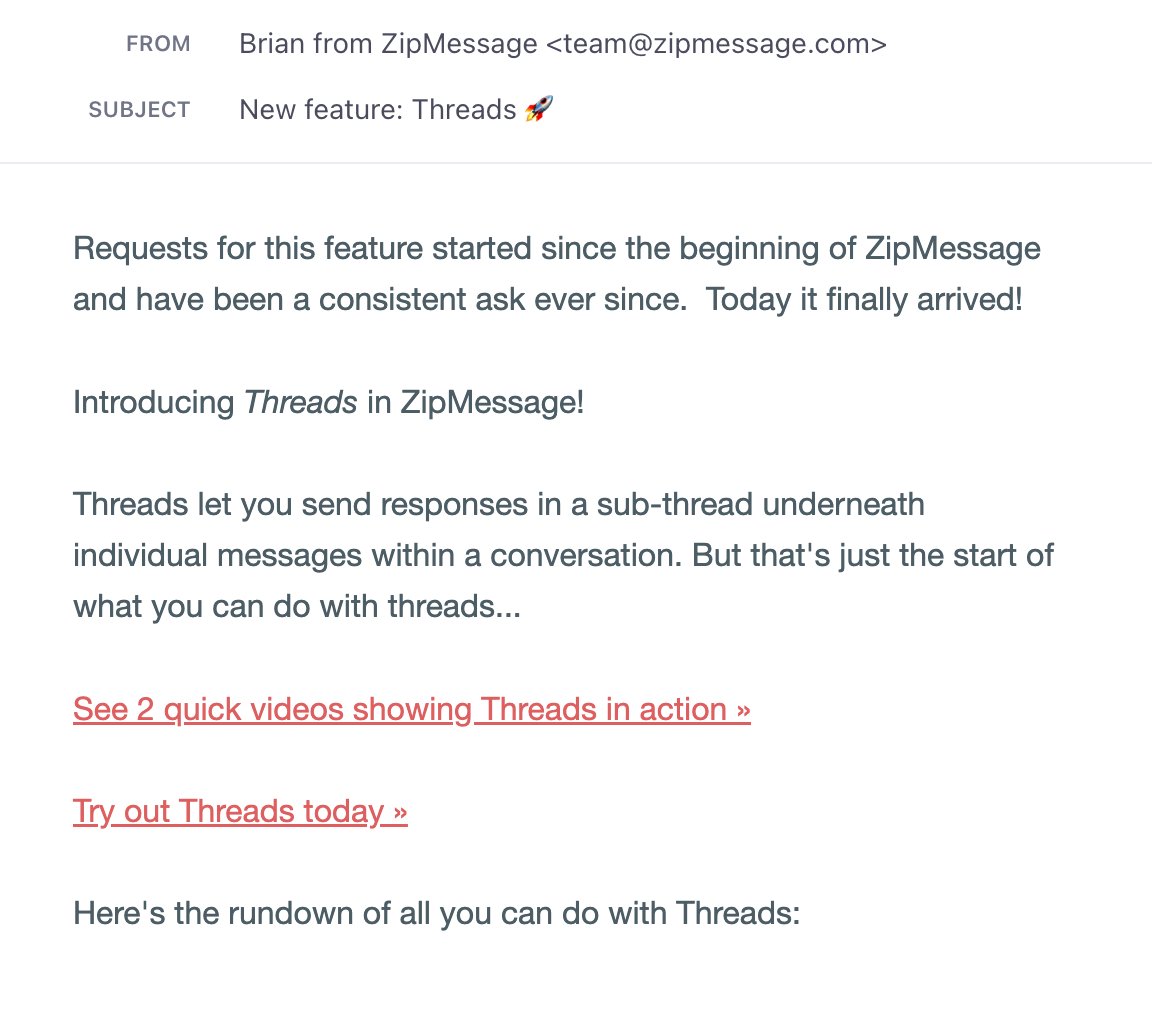 SaaS Plain Text Emails: Screenshot of ZipMessage's nearly plain text email