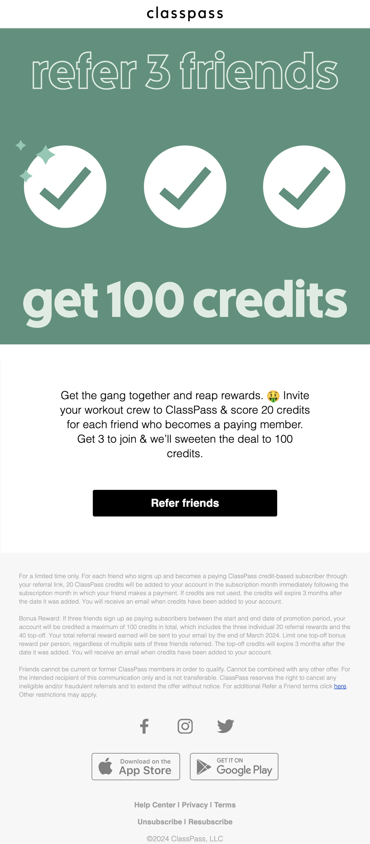 SaaS Referral Emails: Screenshot of ClassPass' referral email