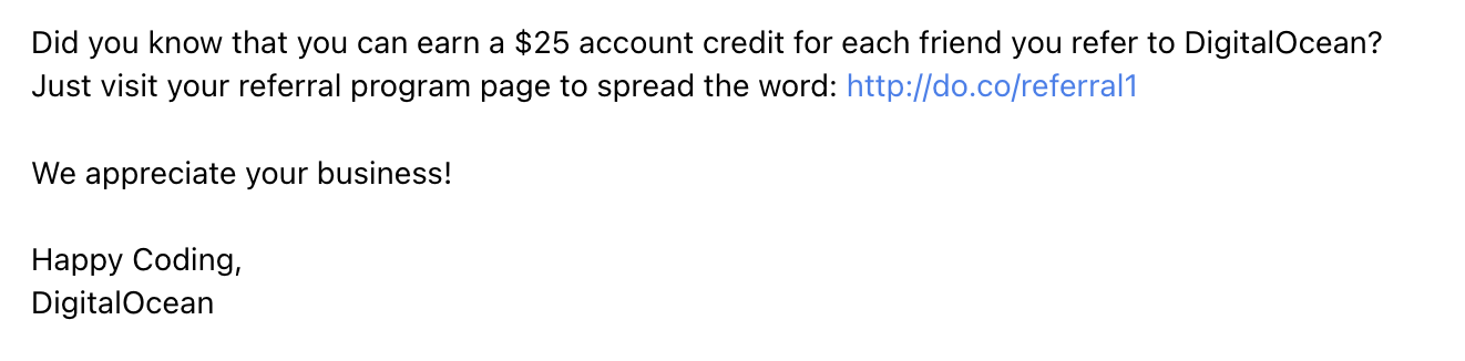 SaaS Referral Emails: Screenshot of DigitalOcean's referral snippet