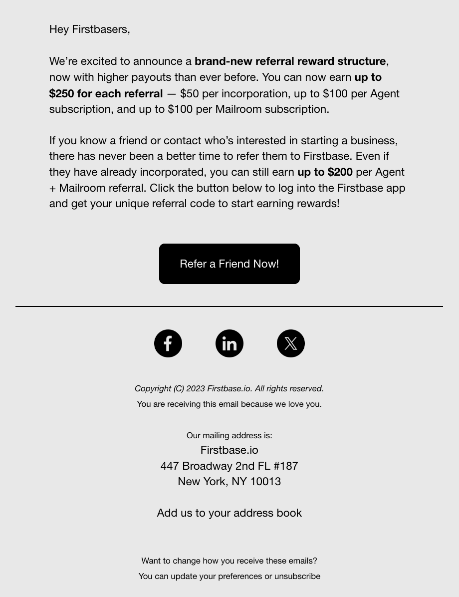 SaaS Referral Emails: Screenshot of Firstbase's referral email