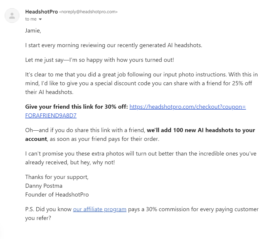 SaaS Referral Emails: Screenshot of HeadshotPro's referral email