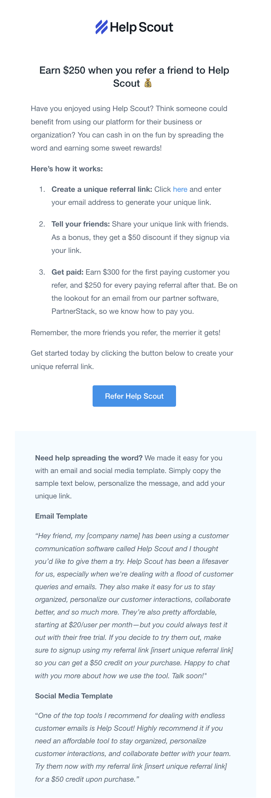 SaaS Referral Emails: Screenshot of Help Scout's referral email