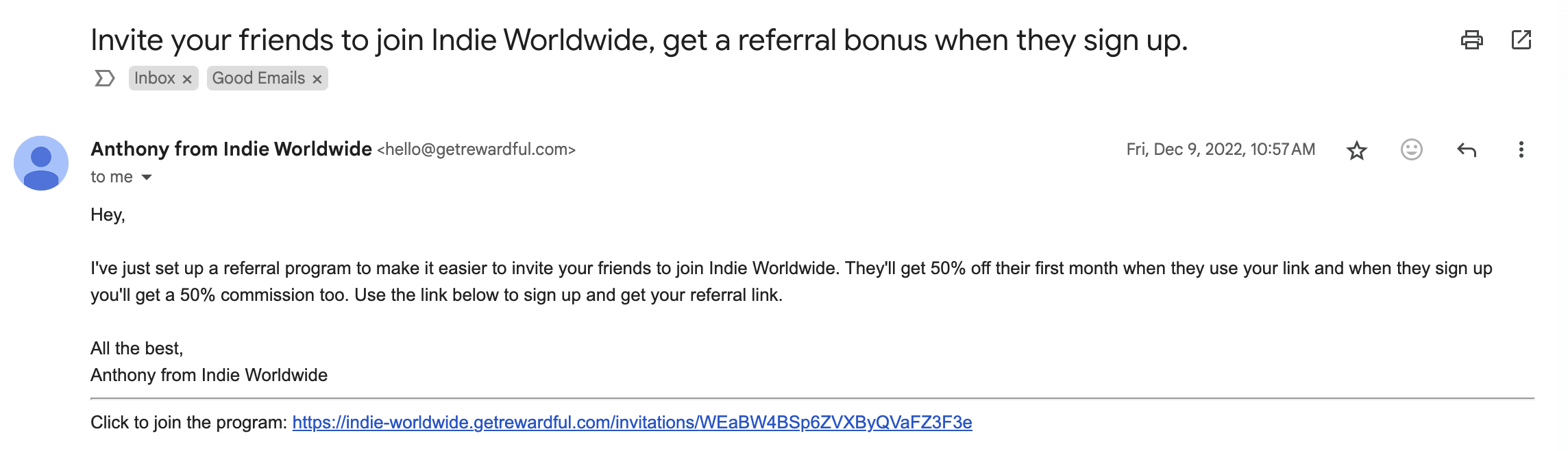 SaaS Referral Emails: Screenshot of Indie Worldwide's referral email