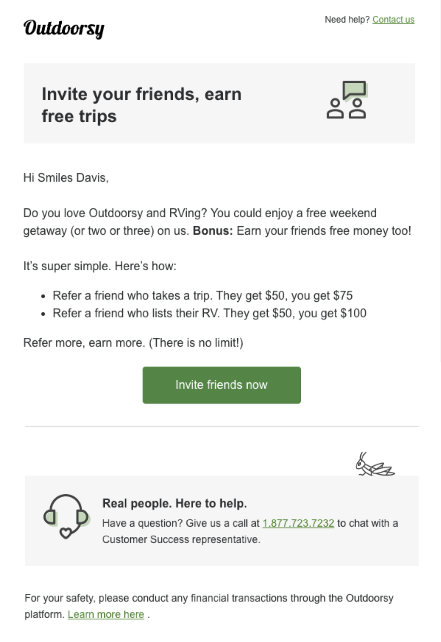 SaaS Referral Emails: Screenshot of Outdoorsy's referral email