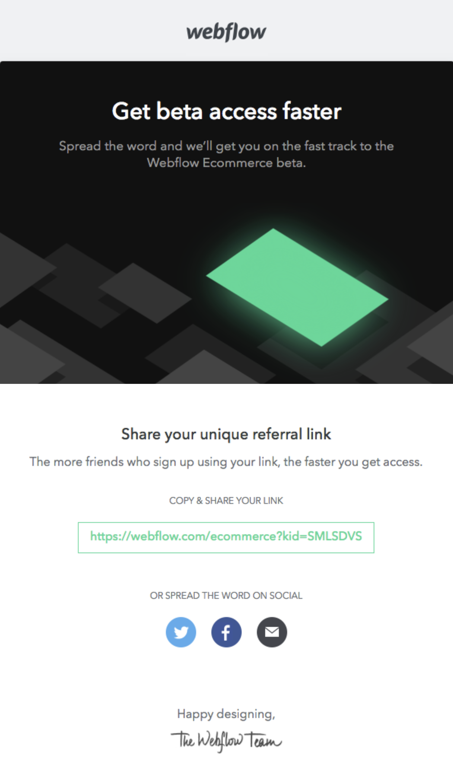 SaaS Referral Emails: Screenshot of Webflow's referral email