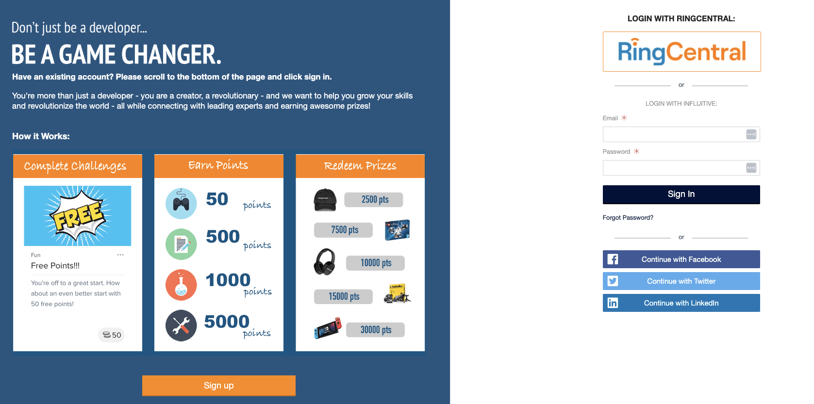 SaaS Relationship Marketing: Screenshot of RingCentral's webpage showing the mechanics of how developers can earn points and exchange them for items