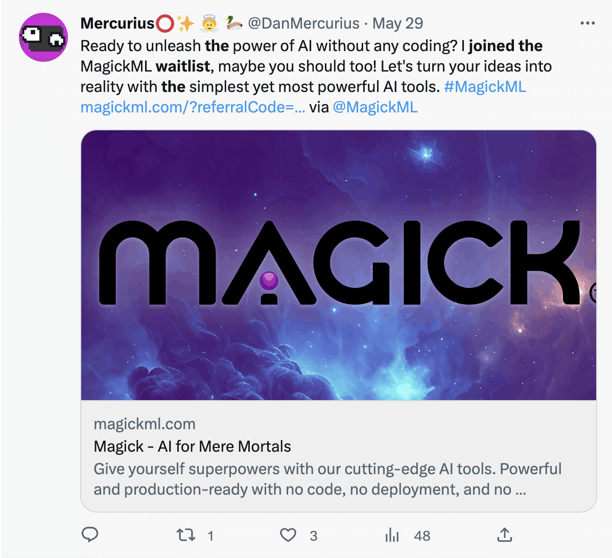 SaaS Waitlist Emails: Screenshot of a user's tweet to promote the Magick waitlist.