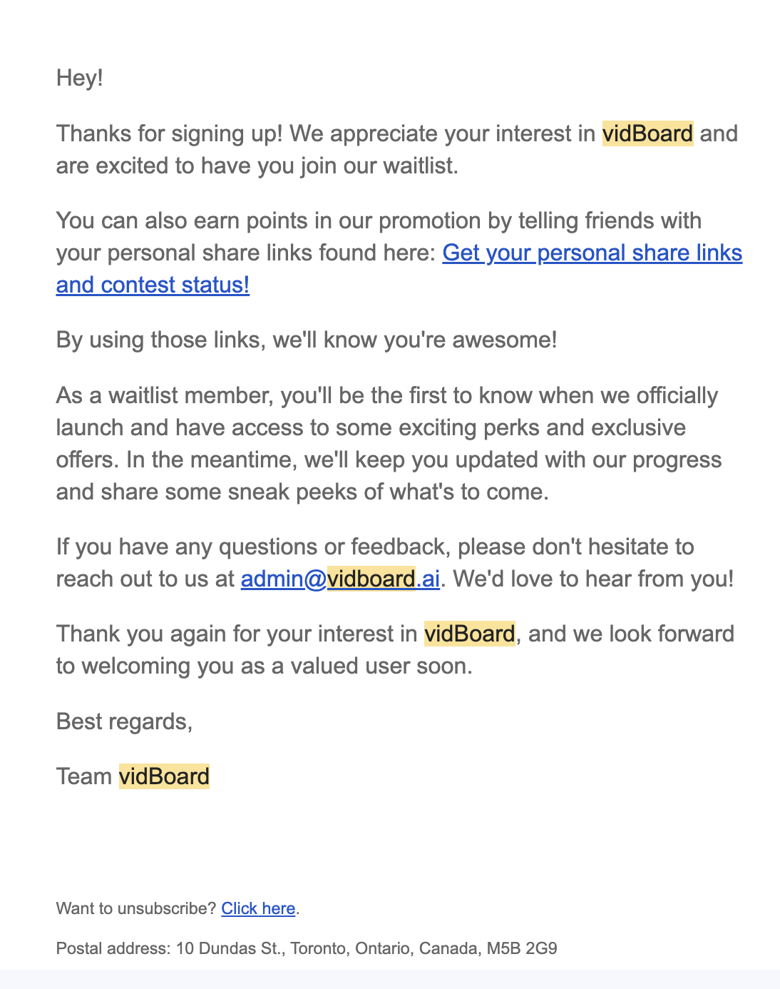 SaaS Waitlist Emails: Screenshot of vidBoard's welcome email for waitlist members