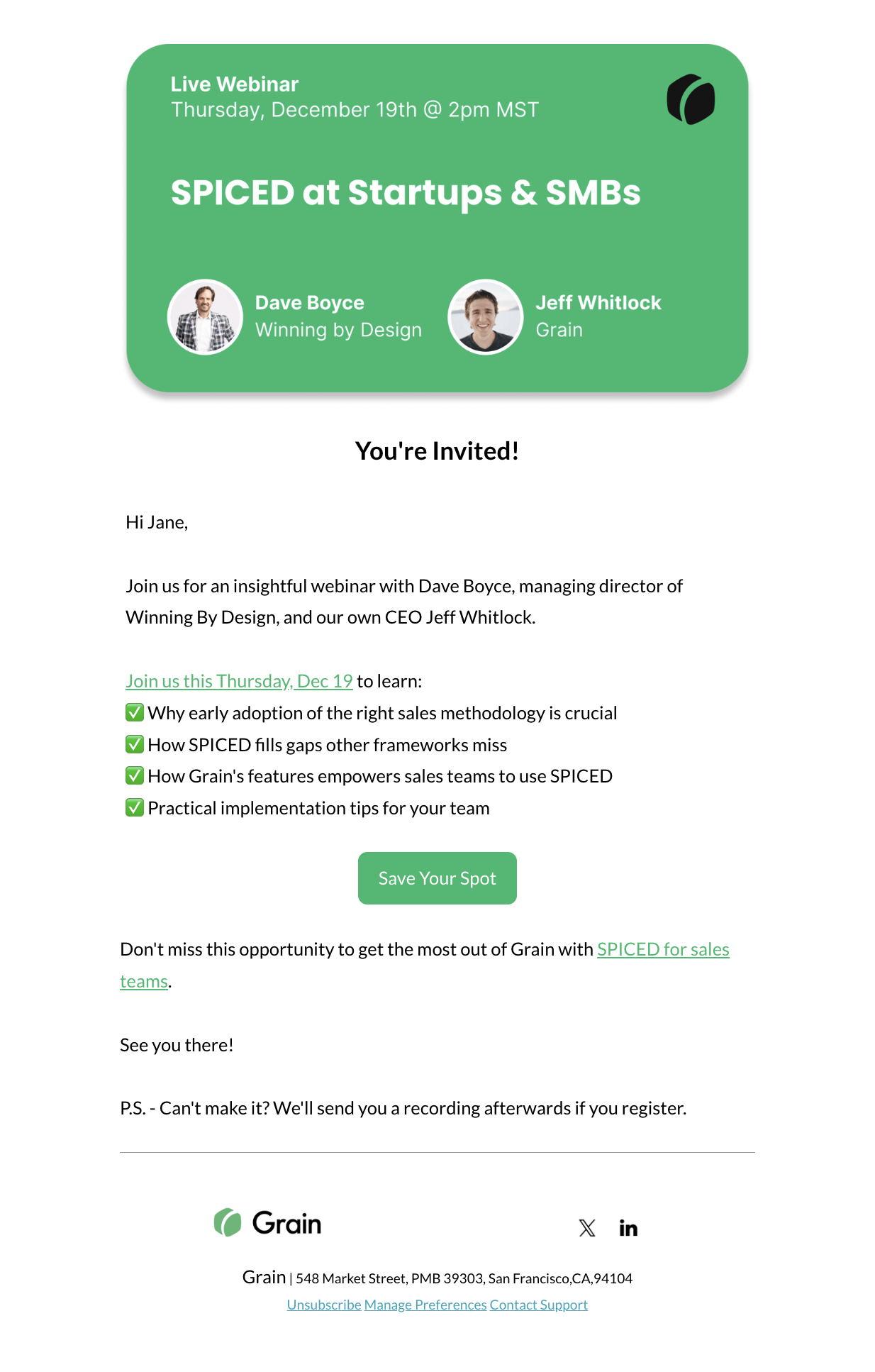 SaaS Webinar Emails: Screenshot of Grain's webinar email