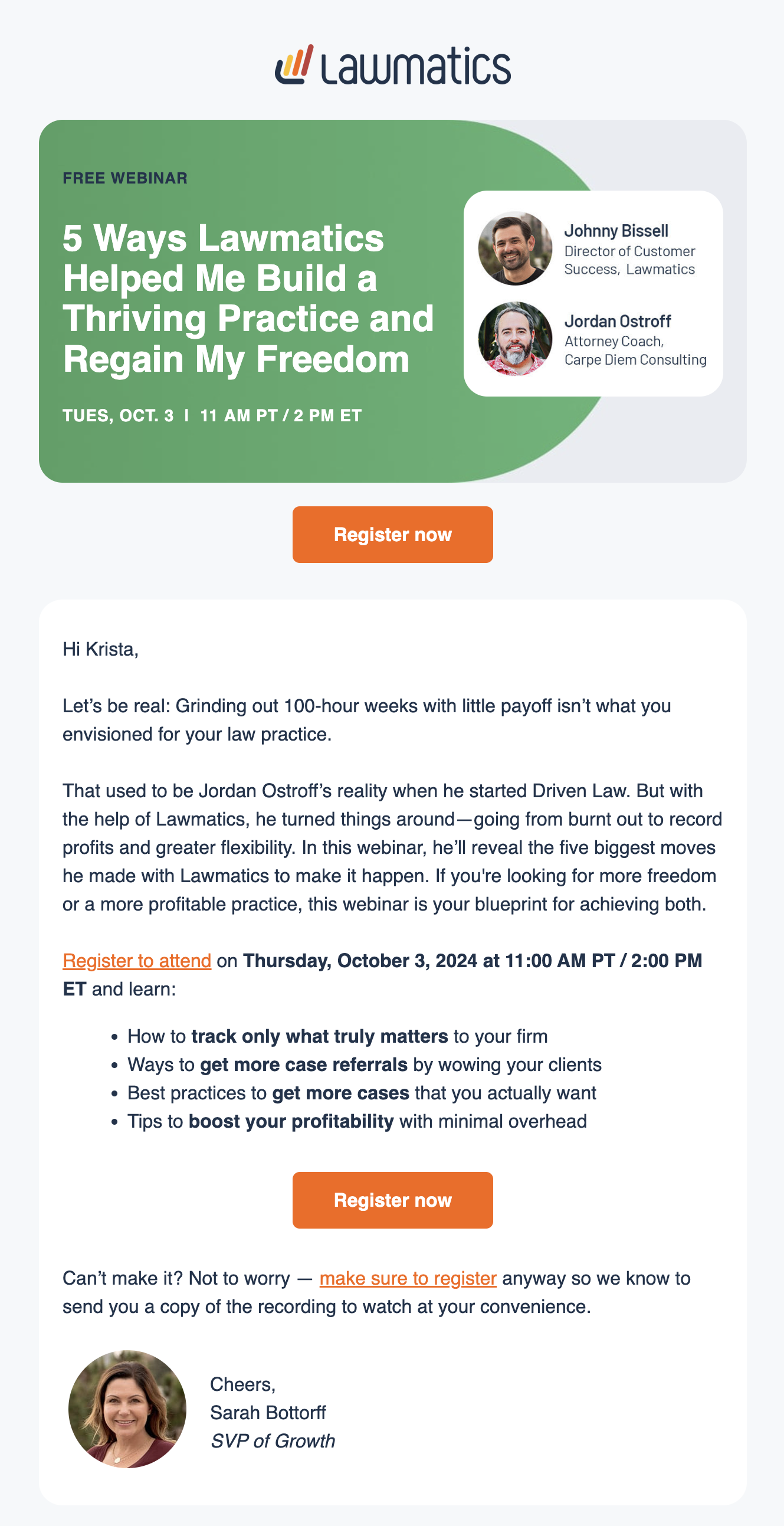 SaaS Webinar Emails: Screenshot of Lawmatics' webinar email