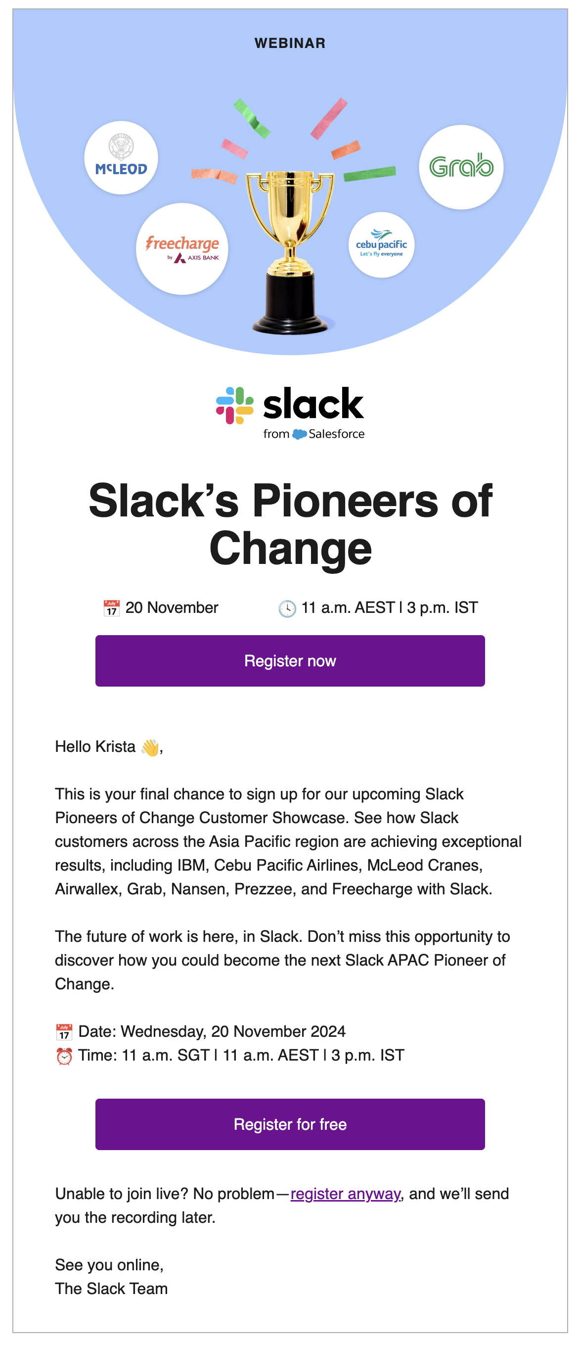 SaaS Webinar Emails: Screenshot of Slack's webinar email