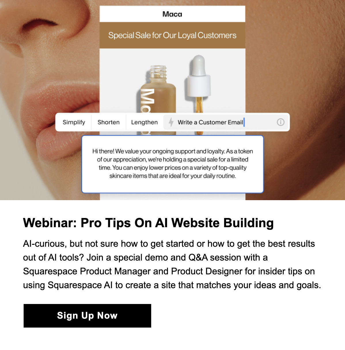 SaaS Webinar Emails: Screenshot of Squarespace's webinar section in their newsletter