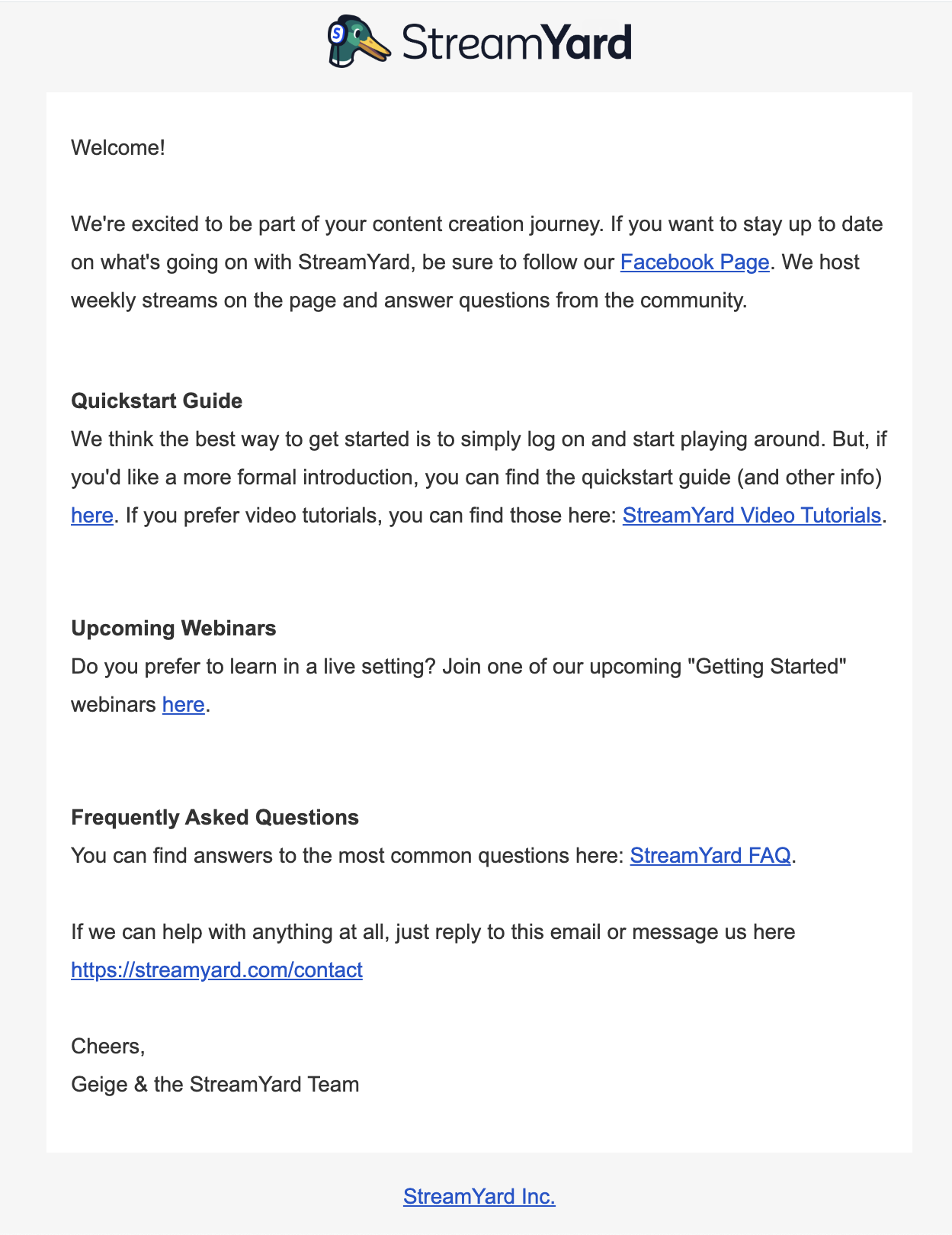 SaaS Webinar Emails: Screenshot of StreamYard's welcome email