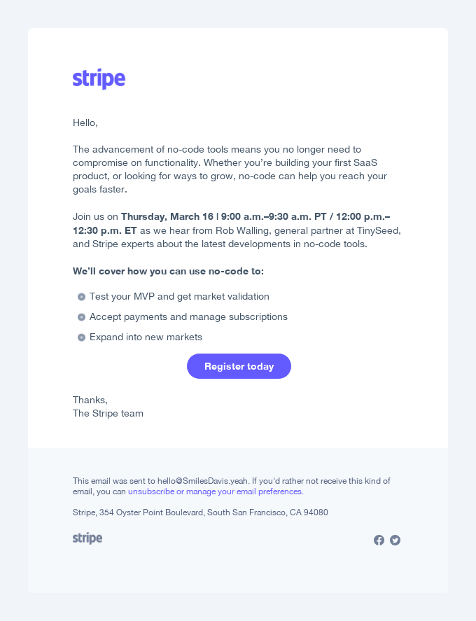 SaaS Webinar Emails: Screenshot of Stripe's webinar email